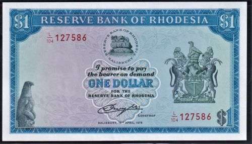 RHODESIA 1978 UNCIRCULATED $1 BANKNOTE - RHODES WATERMARK