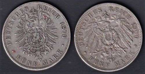 GERMAN STATES 5 MARK SILVER COINS - 1876 & 1900