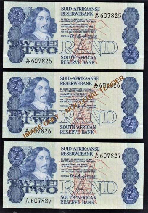 TWO RAND TW DE JONGH UNC  BANKNOTES  - X 3 IN SERIES