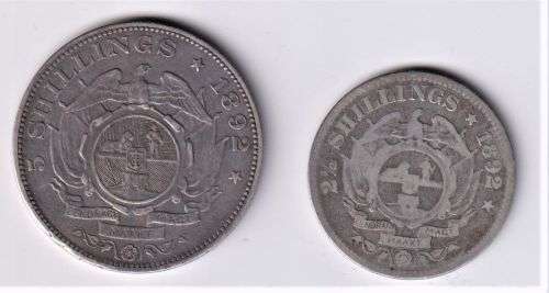 ZAR 1892  COIN COLLECTION - 2 coins - 2/6 Shillings, 5 Shillings S/S