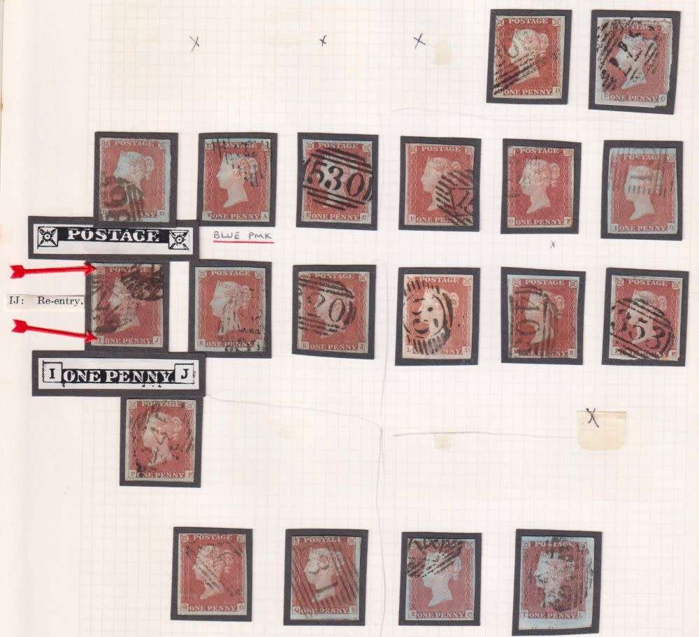 GREAT BRITAIN IMPERF 1d RED`S PLATE 83/4 ON PAGES