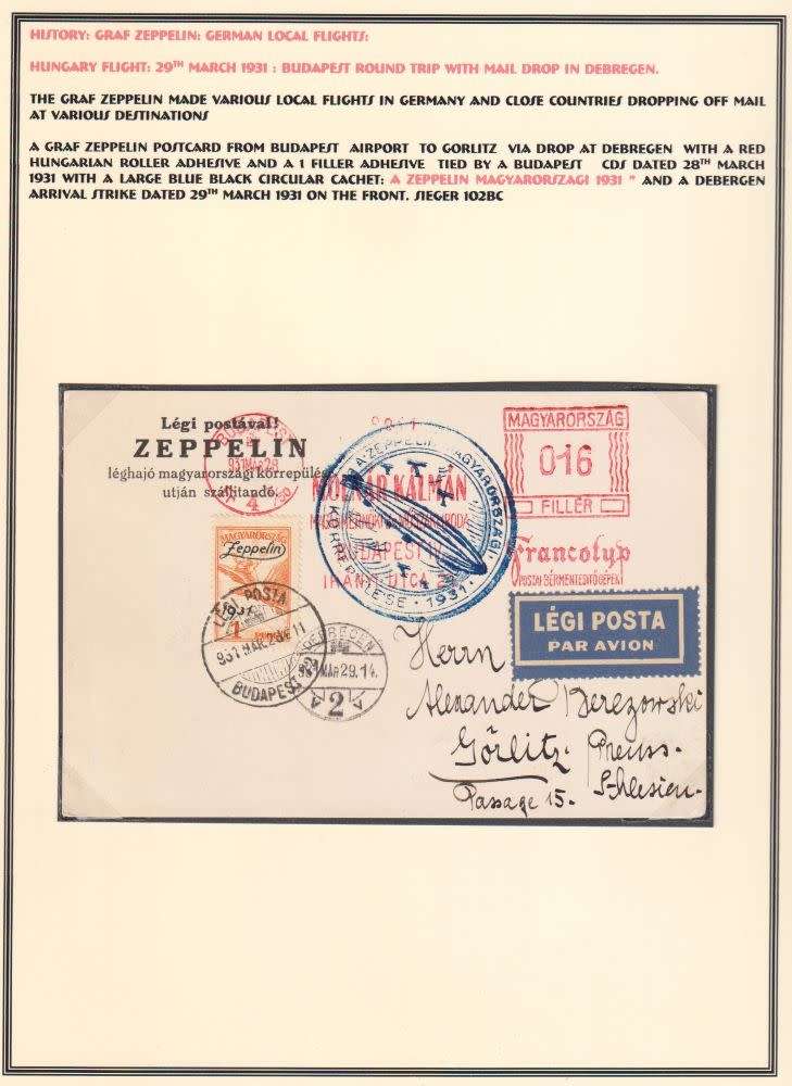 GERMANY 1931 ZEPPELIN   RETURN FLIGHT  BUDAPEST - GORLITZ