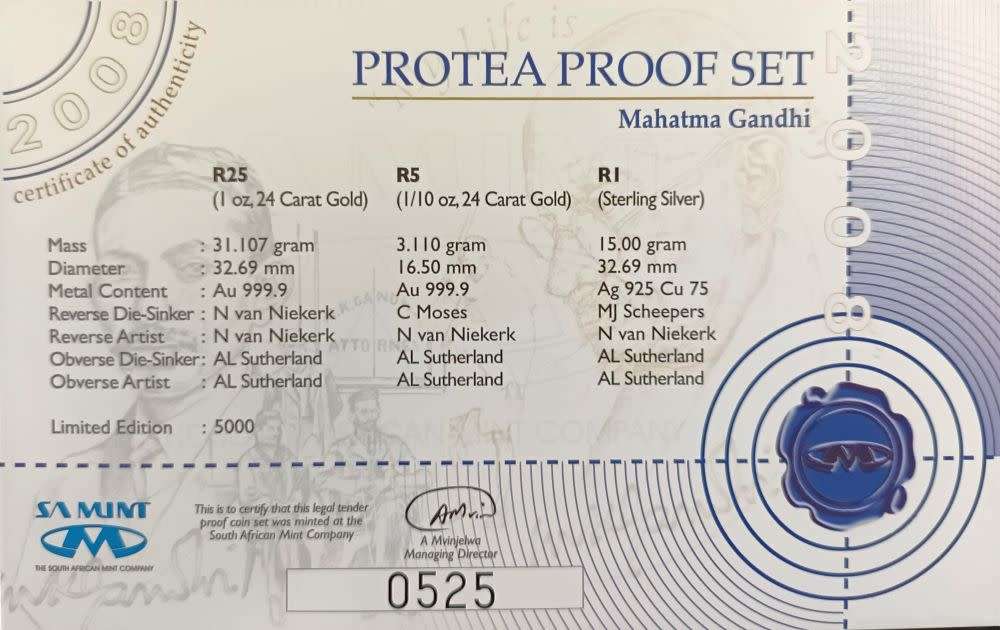 2008 Protea Proof Set - Mahatma Gandhi- No Gold