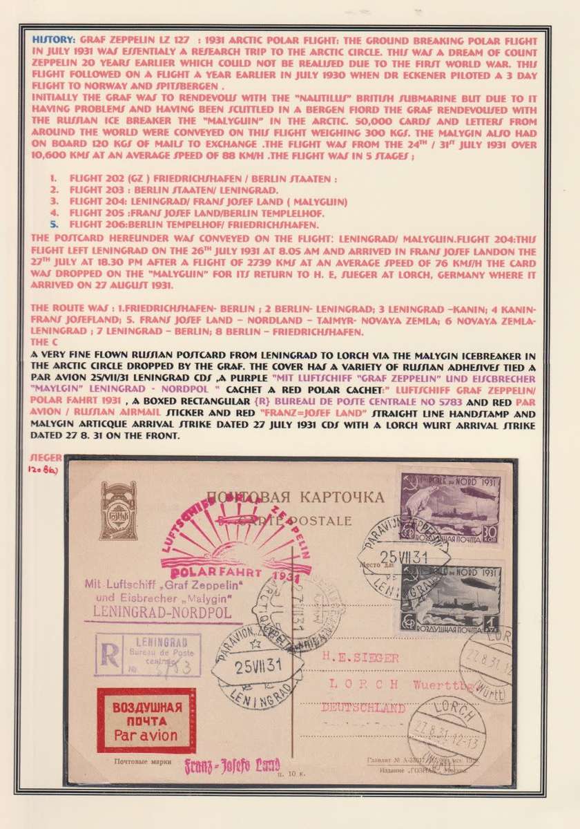 GERMANY 1931 ARCTIC POLAR  ZEPPELIN FLIGHT POSTCARD RUSSIAN RETURN- SCARCE!