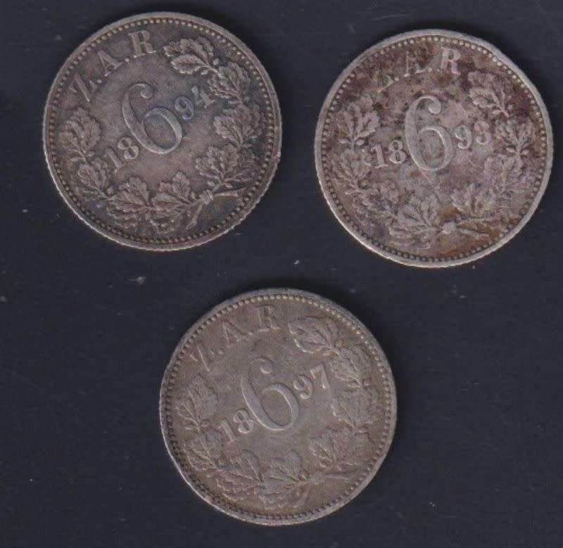 ZAR  COIN COLLECTION - 3 coins - 1893,1894,1897 - Sixpence