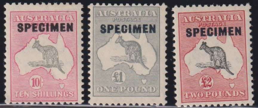 AUSTRALIA KANGAROOS 10/- , £1 & £2 SPECIMEN OVERPRINTS SUPERB MINT!