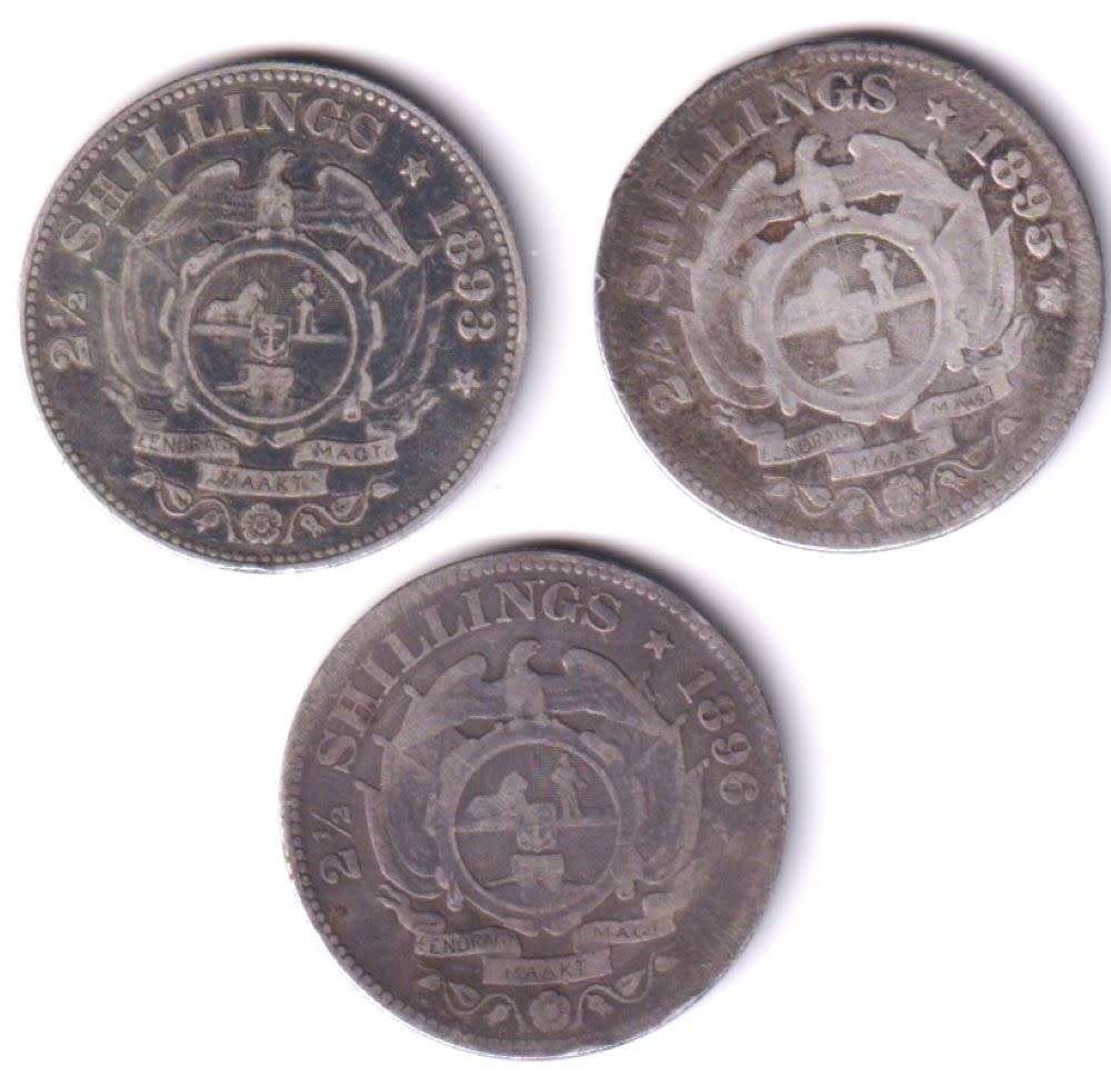 ZAR  COIN COLLECTION - 3 coins - 1893, 1895, 1896 -  2/6 Shillings