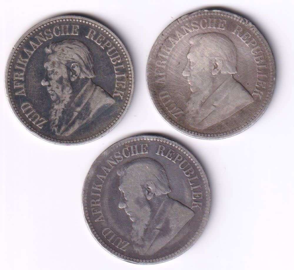 ZAR  COIN COLLECTION - 3 coins - 1893, 1895, 1896 -  2/6 Shillings