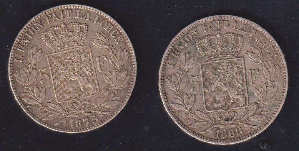 BELGIUM 5 FRANCS  SILVER COIN COLLECTION - 2 coins - 1868, 1875