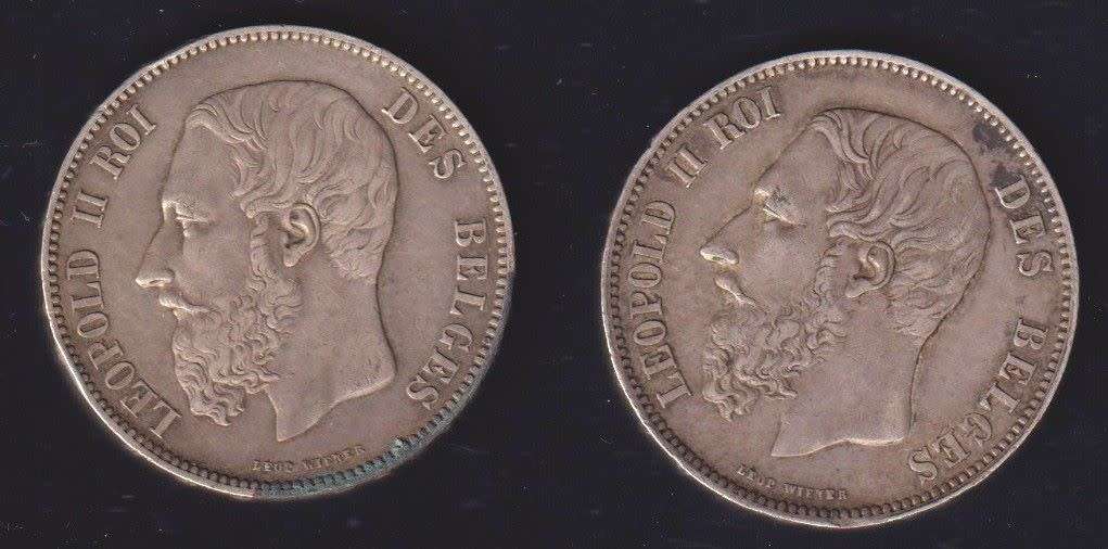 BELGIUM 5 FRANCS  SILVER COIN COLLECTION - 2 coins - 1868, 1875