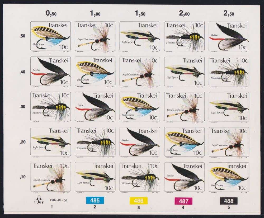 TRANSKEI 1982 FISHING FLIES COMPLETE SHEET IMPERFORATE - RARE! CV R20,000