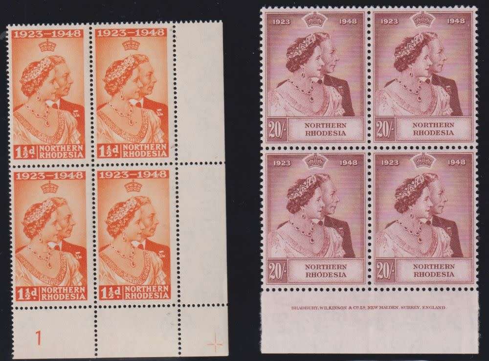 NORTHERN  RHODESIA 1948 KGV1  ROYAL SILVER WEDDING  INSCRIP  BLOCKS  OF 4 -   FINE MINT CV R18000
