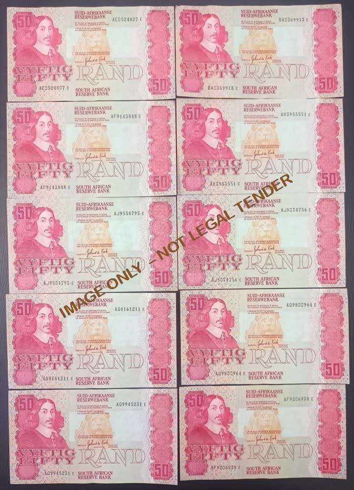 FIFTY  RAND GPC DE KOCK  BANKNOTES X 10
