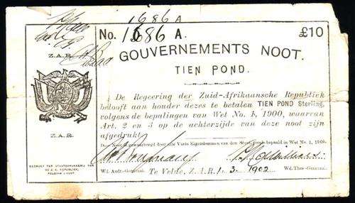 TE VELDE, ZAR  10 POND GOUVERNMENTS NOOT - DATED 1/3/1902