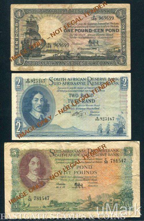 SOUTH AFRICA  BANKNOTE COLLECTION - POUNDS(5+1) & RANDS x 9 NOTES INC BIG R50.