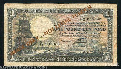 SOUTH AFRICAN  POSTMUS ONE POUND 1ST ISSUE BANKNOTE DATED  8 September  1944