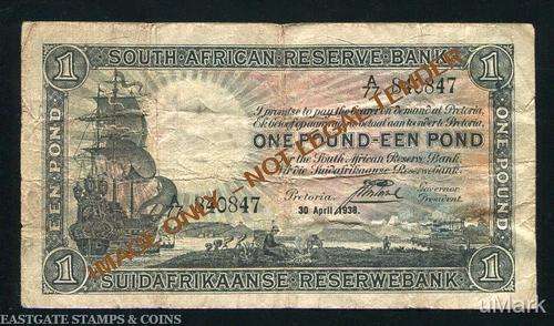 SOUTH AFRICAN  POSTMUS ONE POUND 1ST ISSUE BANKNOTE DATED  30 APRIL 1938