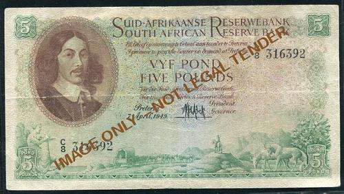 FIVE POUND M H DE KOCK BANKNOTE - DATED 7/04/1949