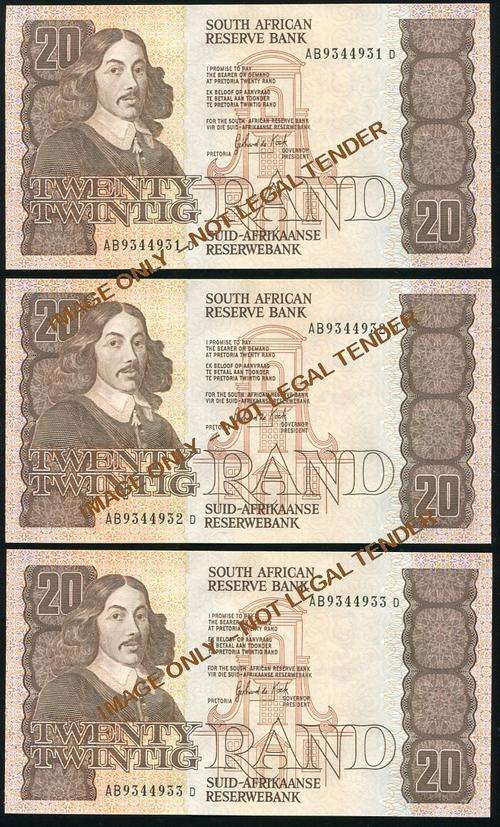 TWENTY RAND G DE KOCK UNC BANKNOTES IN SERIES X 3 NOTES - 1989 - 3RD ISSUE