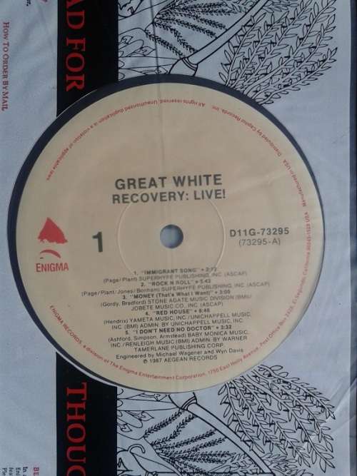 Great White - Recovery Live ! Import LP VG +