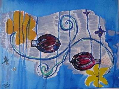 Flowers, Fish and Dragon Fly - Mixed Media