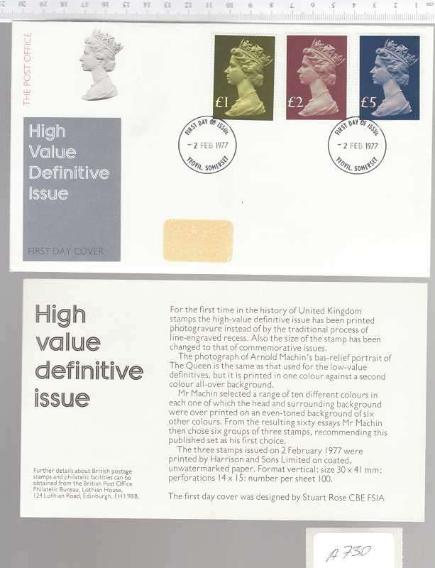 HIGH VALUE DEFINITIVE ISSUE WITH INSERT. 1'ST DAY OF ISSUE 02 FEB 1977 YEOVIL, SOMERSET.