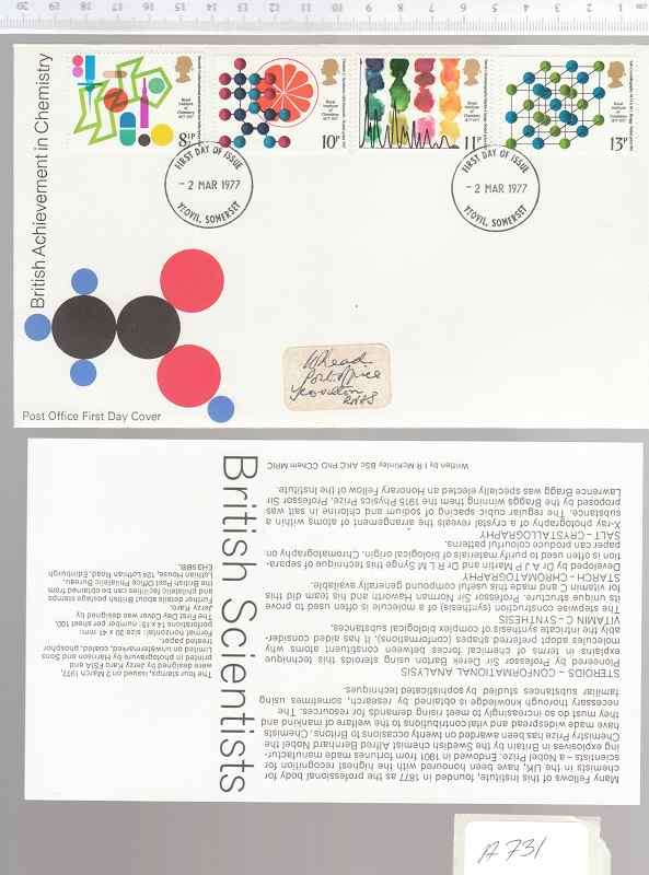 BRITISH ACHIEVEMENT IN CHEMISTRY WITH INSERT. 1'ST DAY OF ISSUE 02 MAR 1977 YEOVIL, SOMERSET.