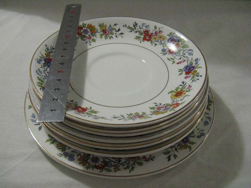 ENGLAND, JOHN MADDOCK & SONS LTD, VITREOUS SAUCERS & SIDE PLATE COMBO. 6 x SAUCERS. 1 x SIDE PLATE.