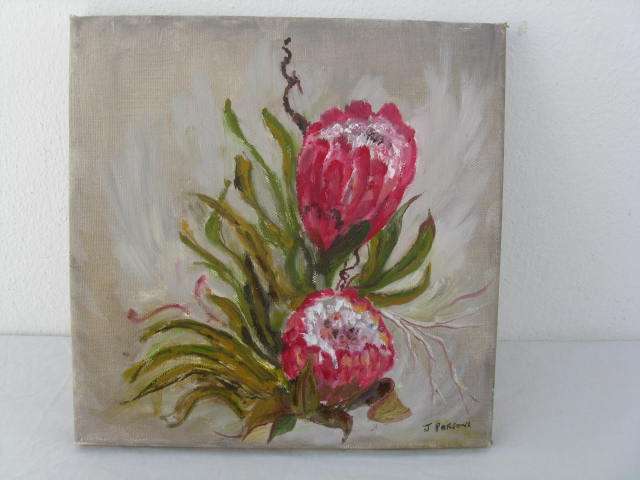 POSSIBLY ACRYLIC J.PARSONS' PAINTING OF FLOWERS.25cm x 25cm.(CR3)