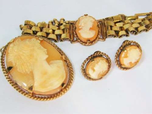 Vintage 9kt rolled gold set with cameo bracelet, brooch & earrings - as per photo