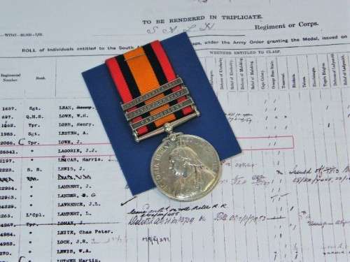 Boer War QSA medal with 3 bars issued to 26541 Tpr. J.J Lagorie of South African Light Horse