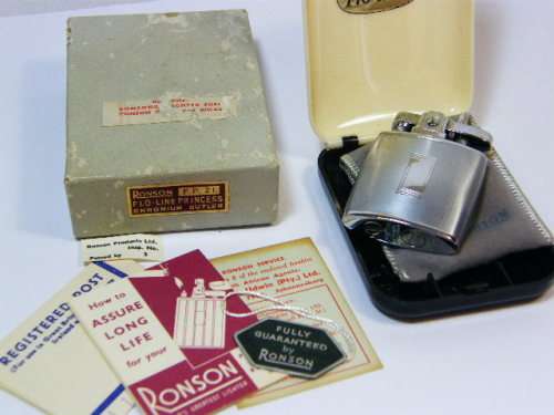 Vintage Ronson Flo-Line pocket lighter in original case & box with booklets & brush - flint needs to