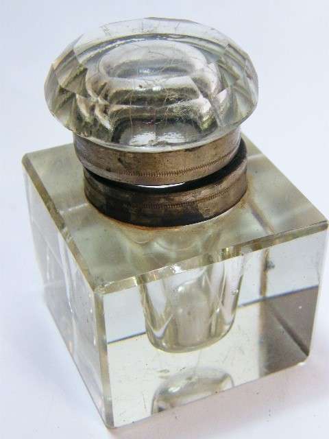 Vintage glass ink well with metal lid surround - some chips on corners - as per photo