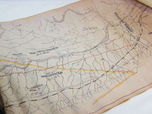 Antique hand drawn map on material paper of farms between Laingsburg & leeu Gamka