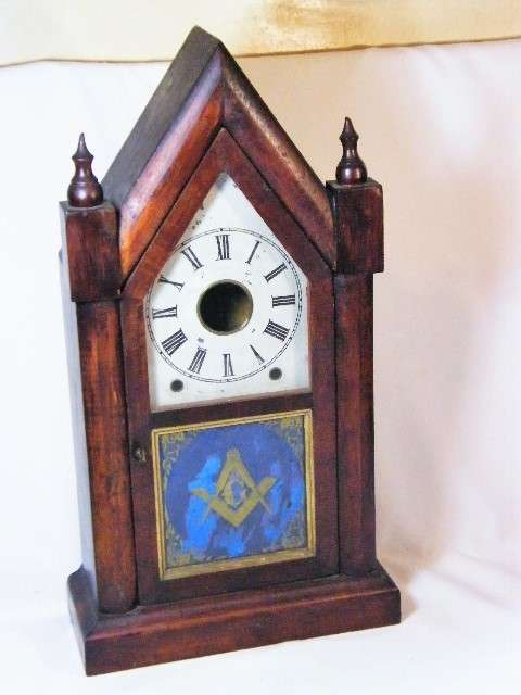 Antique mantle clock case with masonic emblem on glass - no movement
