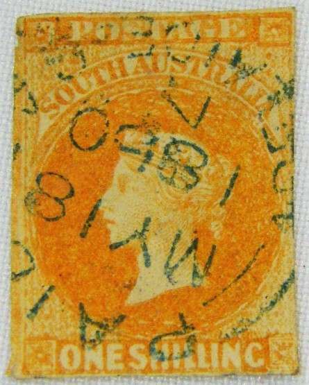 South Australia SG12 one shilling stamp - used 18 May 1860 - orange