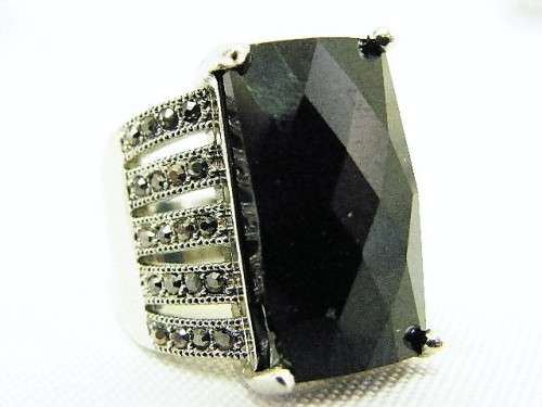 Fashion jewellery marcasite ring with large black stone - size P