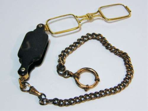 Antique Lorgnette glasses with faux tortoise shell handle & gold plated fob chain