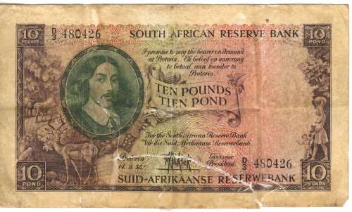 1955 South Africa ten pounds MH de Kock banknote - D3 #480426 - well used @ crazy R1 start