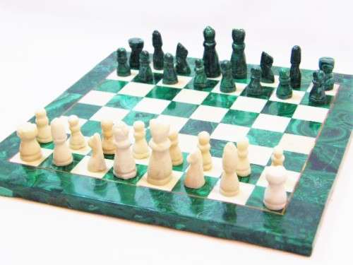 Vintage Malachite and marble chess board with brass inlay - including chess pieces