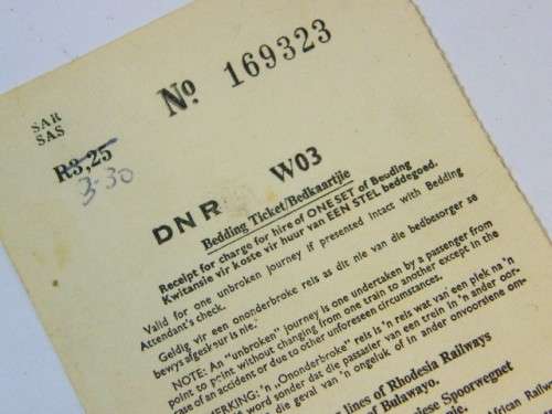 Vintage SA Railways bedding ticket - No. 169323 - used