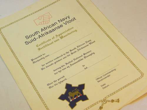South African /navy Certificate of Appreciation - unissued