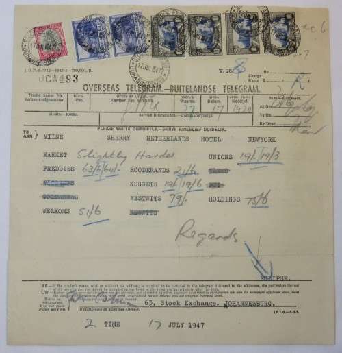Telegram with 4X 10 Shilling South Africa stamps - A stock report sent from RSA to USA 1947