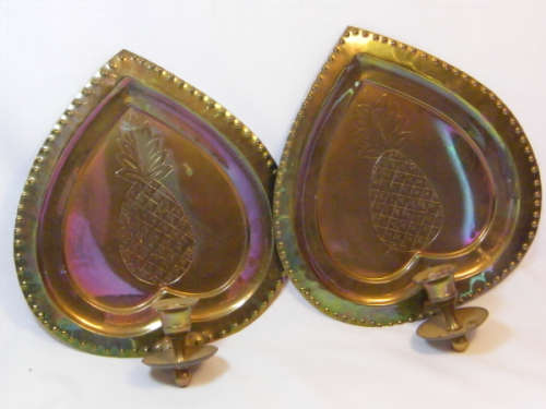 Pair of brass wall hanging candle holders with pineapple motif