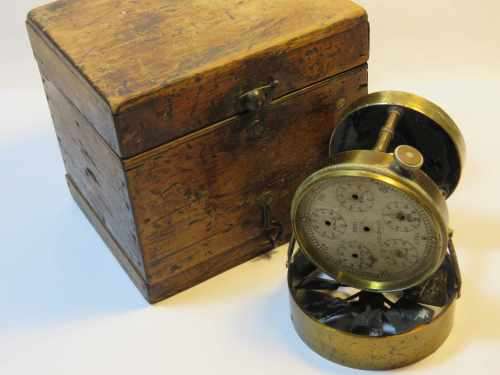 Antique brass Airmeter - Well used - In wooden case - Used in mining