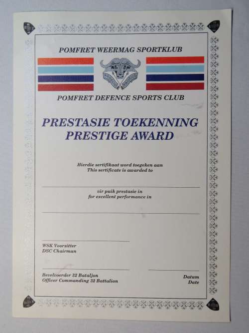 32 Battalion Pomfret Defence Sports club prestige award certificate