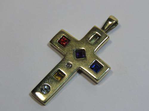 9kt Gold cross pendant with small diamond and 6 colored  gemstones - Weighs 3.1 grams