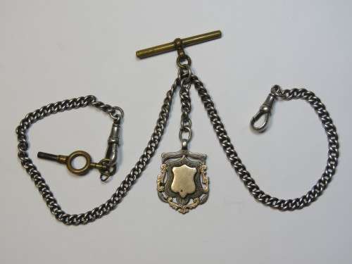 Sterilng silver pocket watch fob chain with brass key and T-bar - Weighs 40.9g