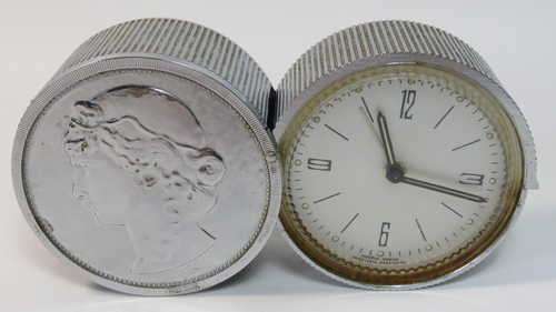 Vintage Westclox travelling alarm clock in coin case - Working