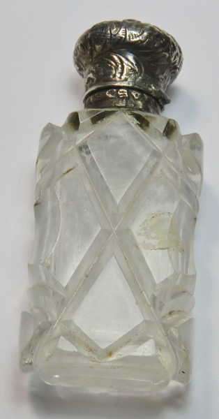 Antique glass perfume bottle with silver lid - Hinge is broken